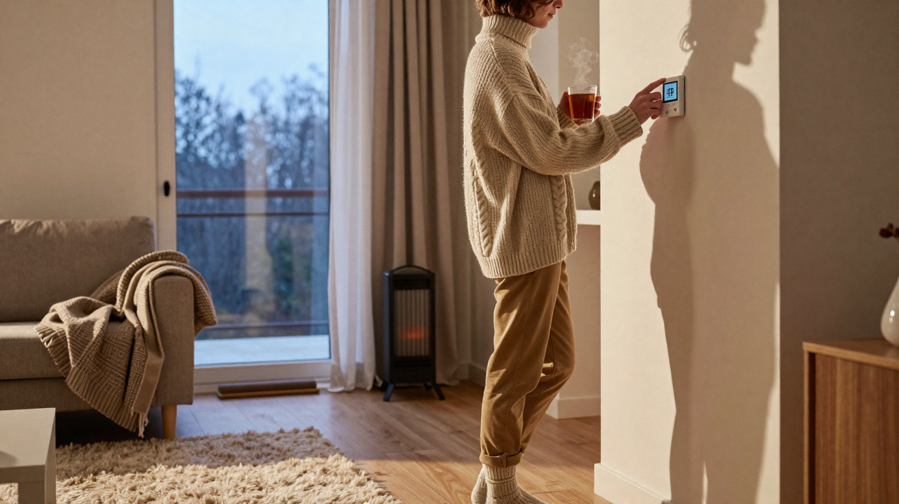 Person in cosy sweater adjusting a thermostat in a warmly lit living room with a heater and sofa.