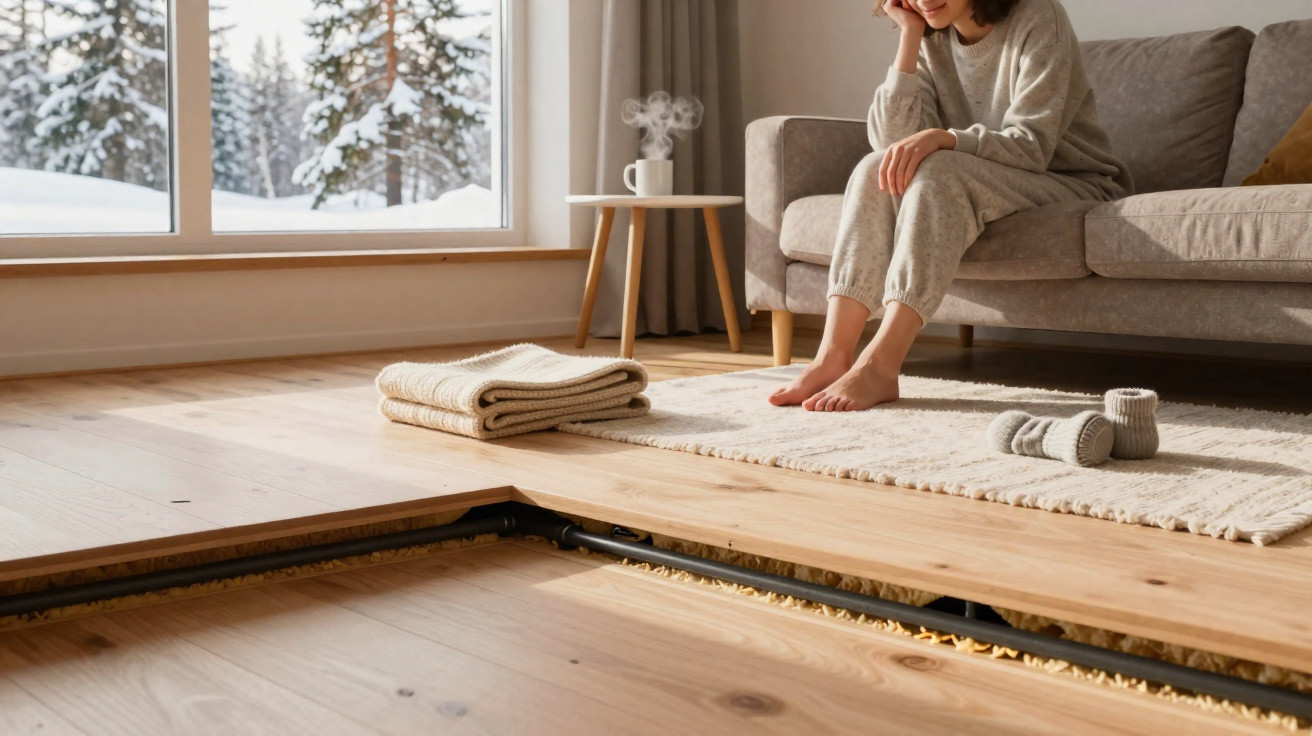 Woman sitting barefoot on a sofa in a cozy room with wooden floor heating visible beneath lifted floorboards.