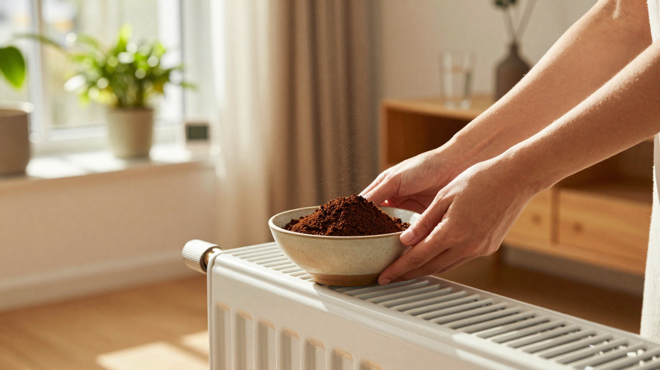 Person warming a bowl of soil or coffee grounds on a white radiator in a sunlit room with plants.