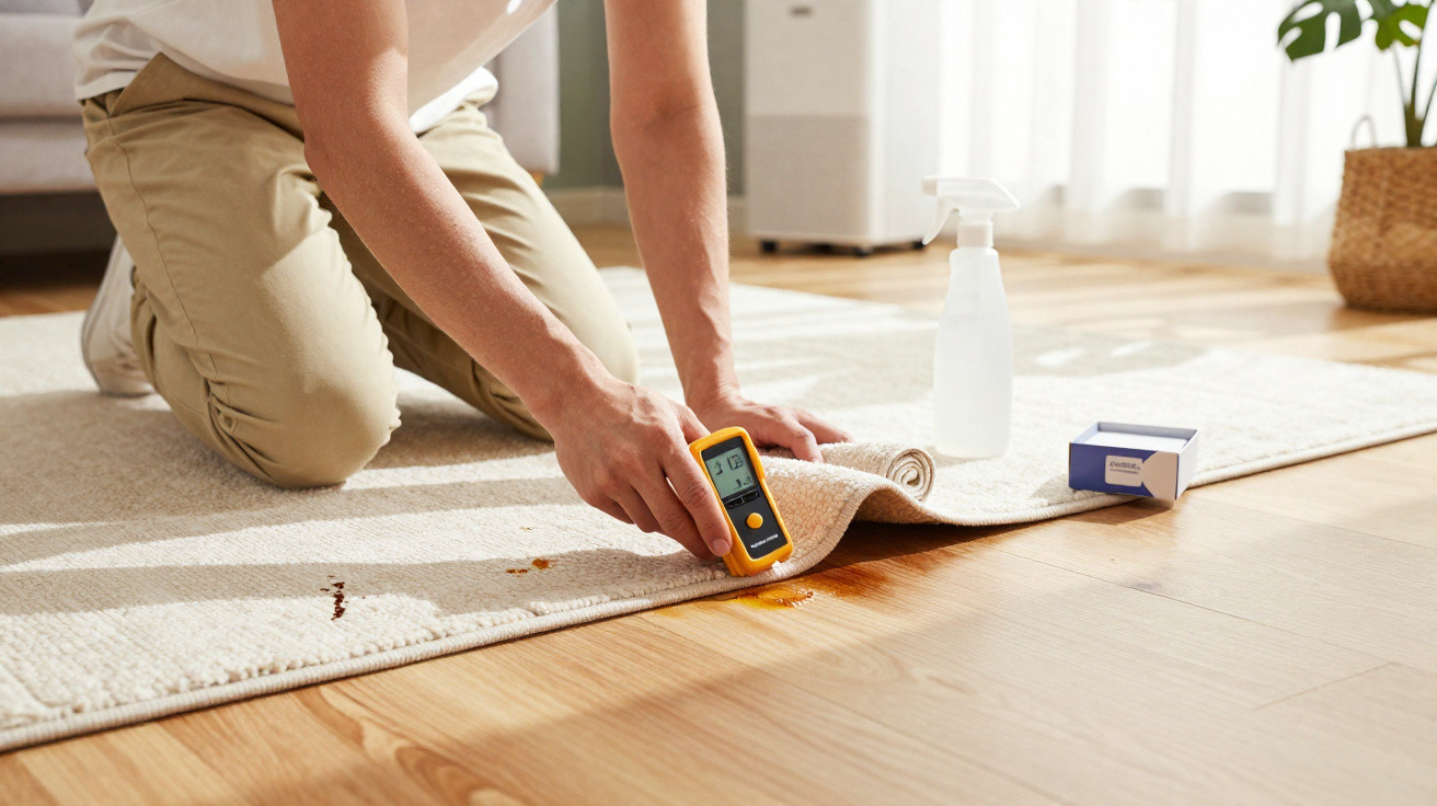 Person kneeling on carpet measuring stain with a yellow moisture meter, cleaning spray and box on wooden floor nearby.