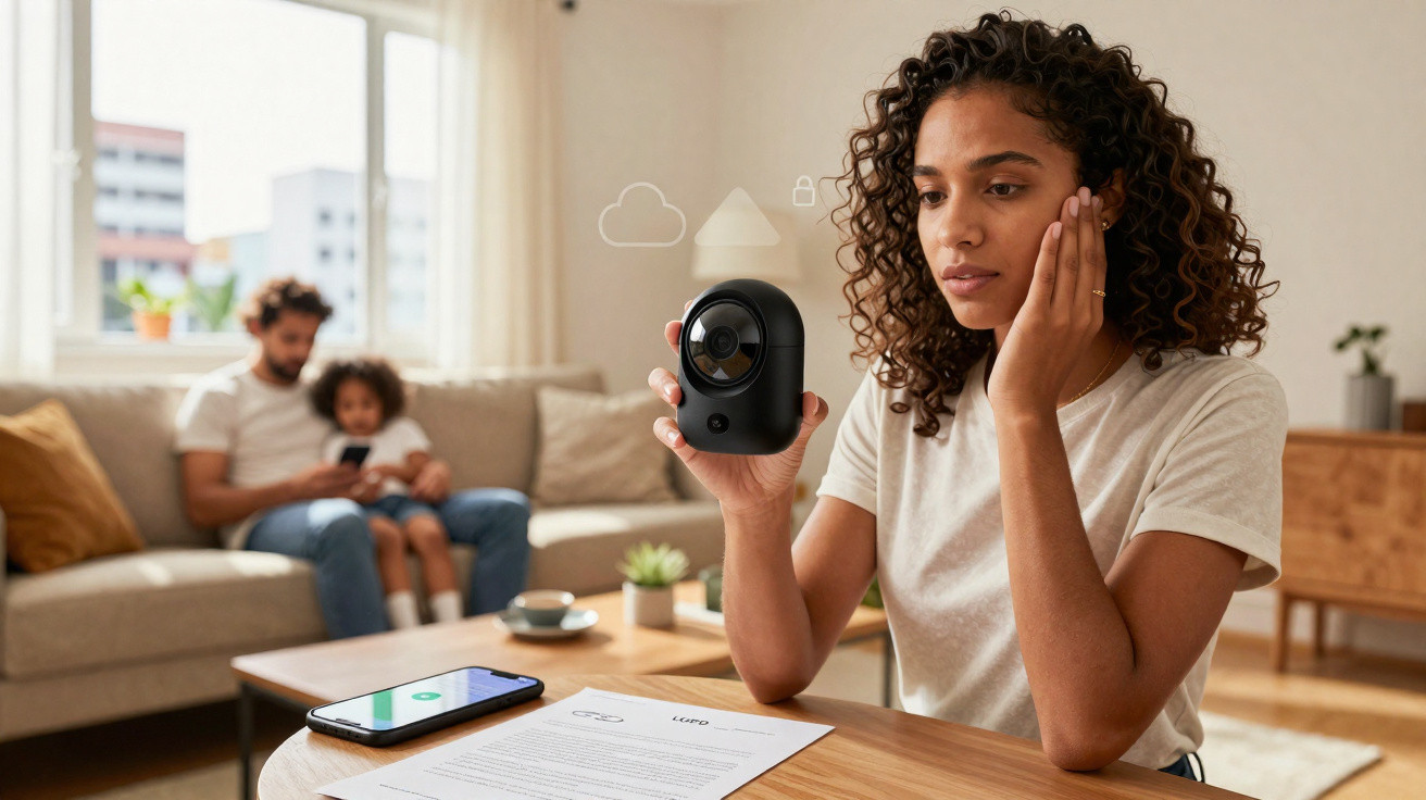 Woman sitting at a table holding a security camera, with a man and child sitting on a sofa in the background.