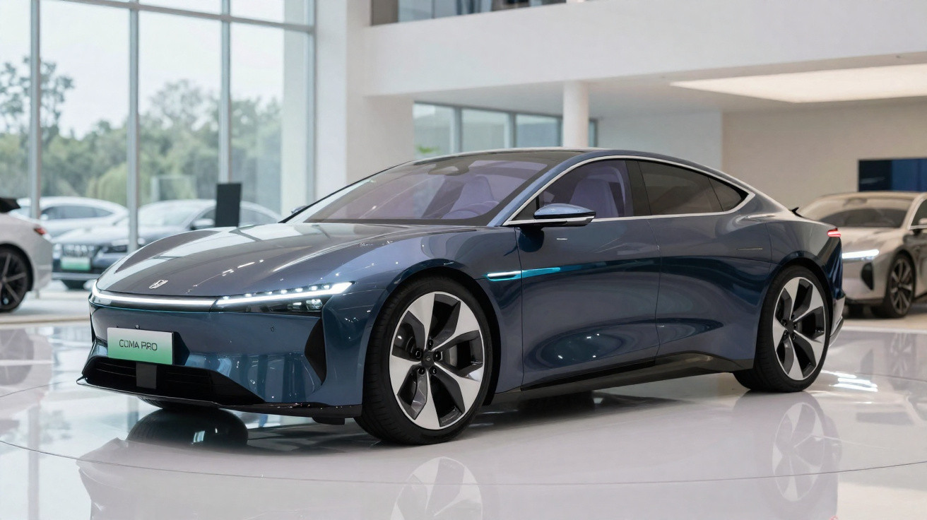 Sleek dark blue electric sedan on display in a bright showroom with large windows and shiny floor.