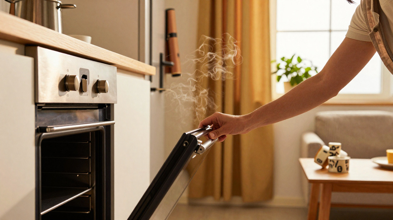 Person opening a hot oven door with steam rising in a modern kitchen with natural light.