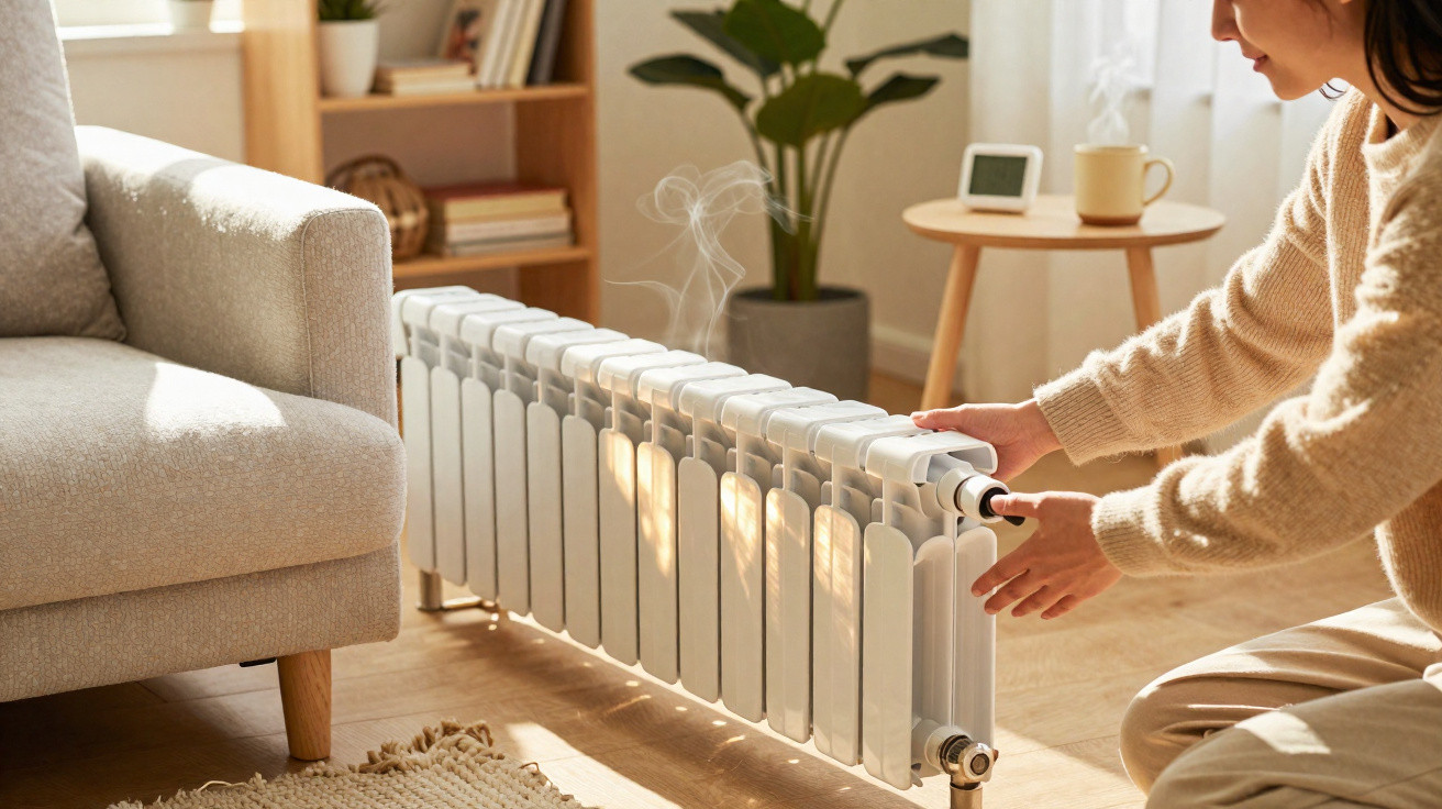 Person adjusting a white radiator heater in a sunlit living room with a beige sofa and wooden furniture.
