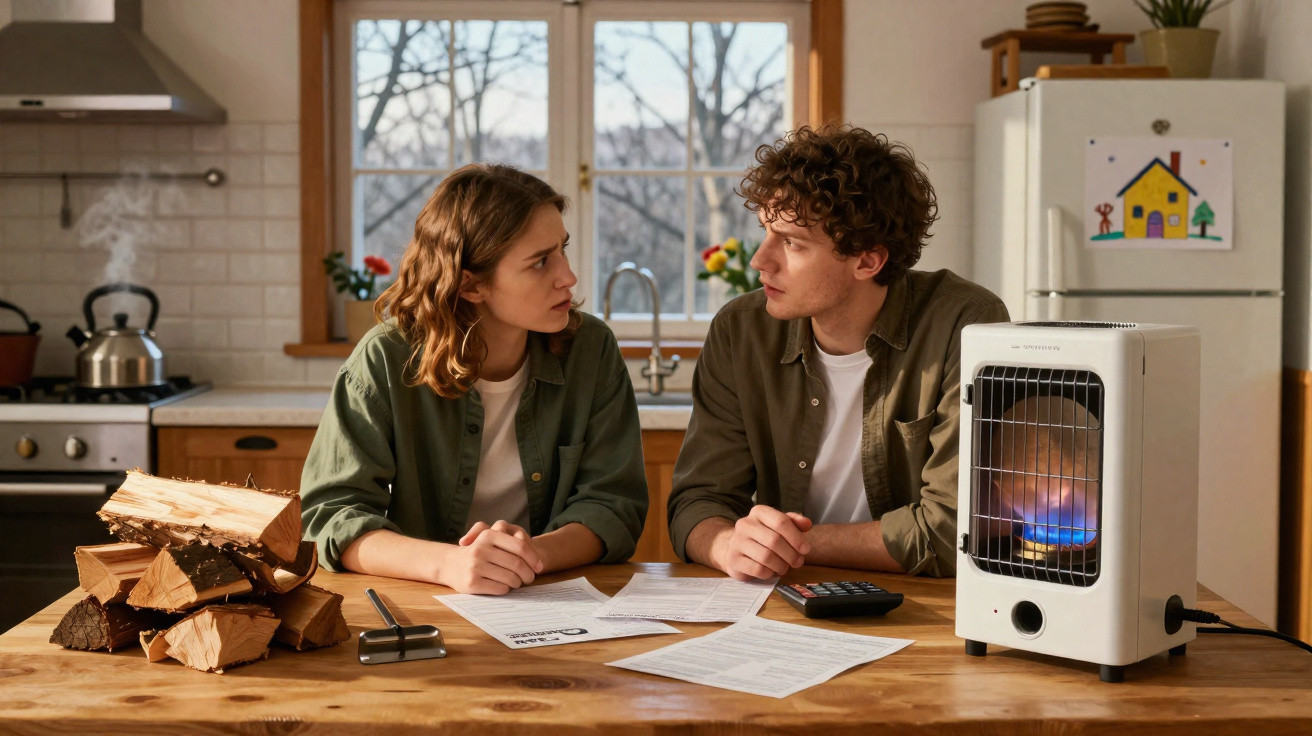 Young couple discussing bills at kitchen table with portable heater and firewood nearby.