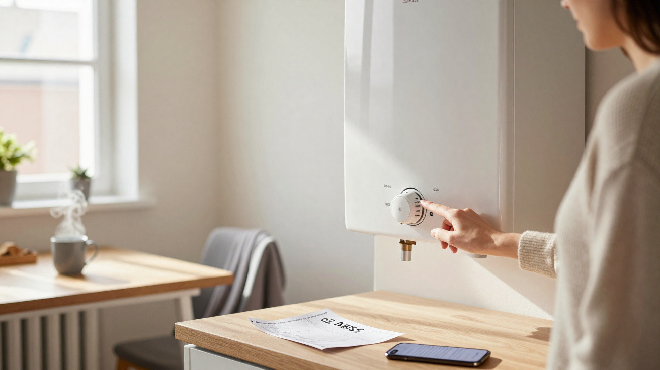 Person adjusting a wall-mounted thermostat in a sunlit room with a table, papers, and a smartphone nearby.