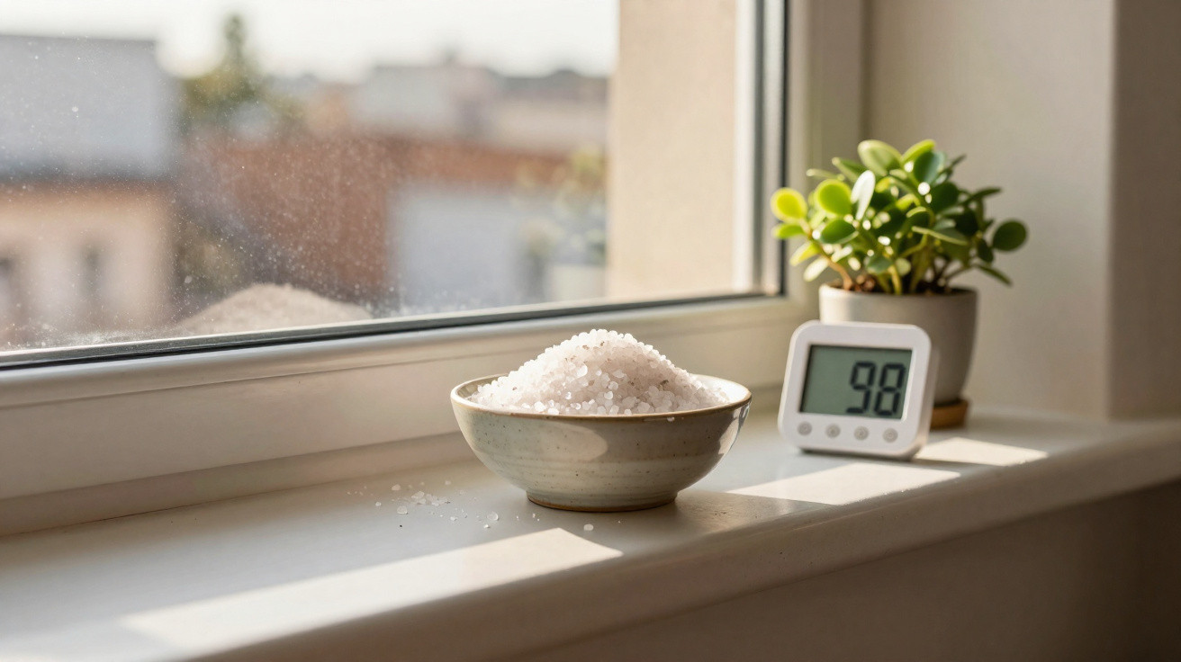 Bowl of coarse salt, digital hygrometer showing 98%, and small green plant on a sunny windowsill.