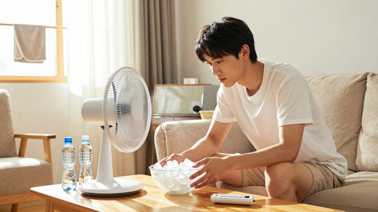 Young man placing ice cubes in front of a desk fan in a bright, cosy living room.