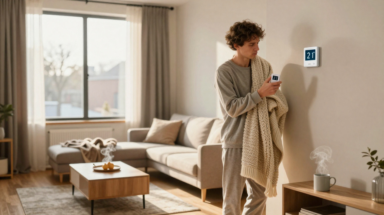 Young man adjusting a digital thermostat in a cosy living room with neutral tones and natural light.