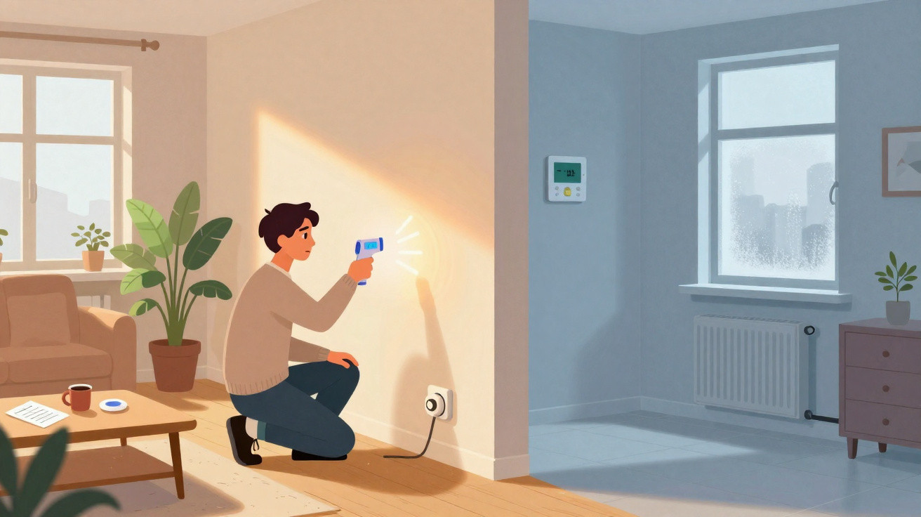 Person kneeling in living room, using infrared thermometer on wall socket near radiator and thermostat.