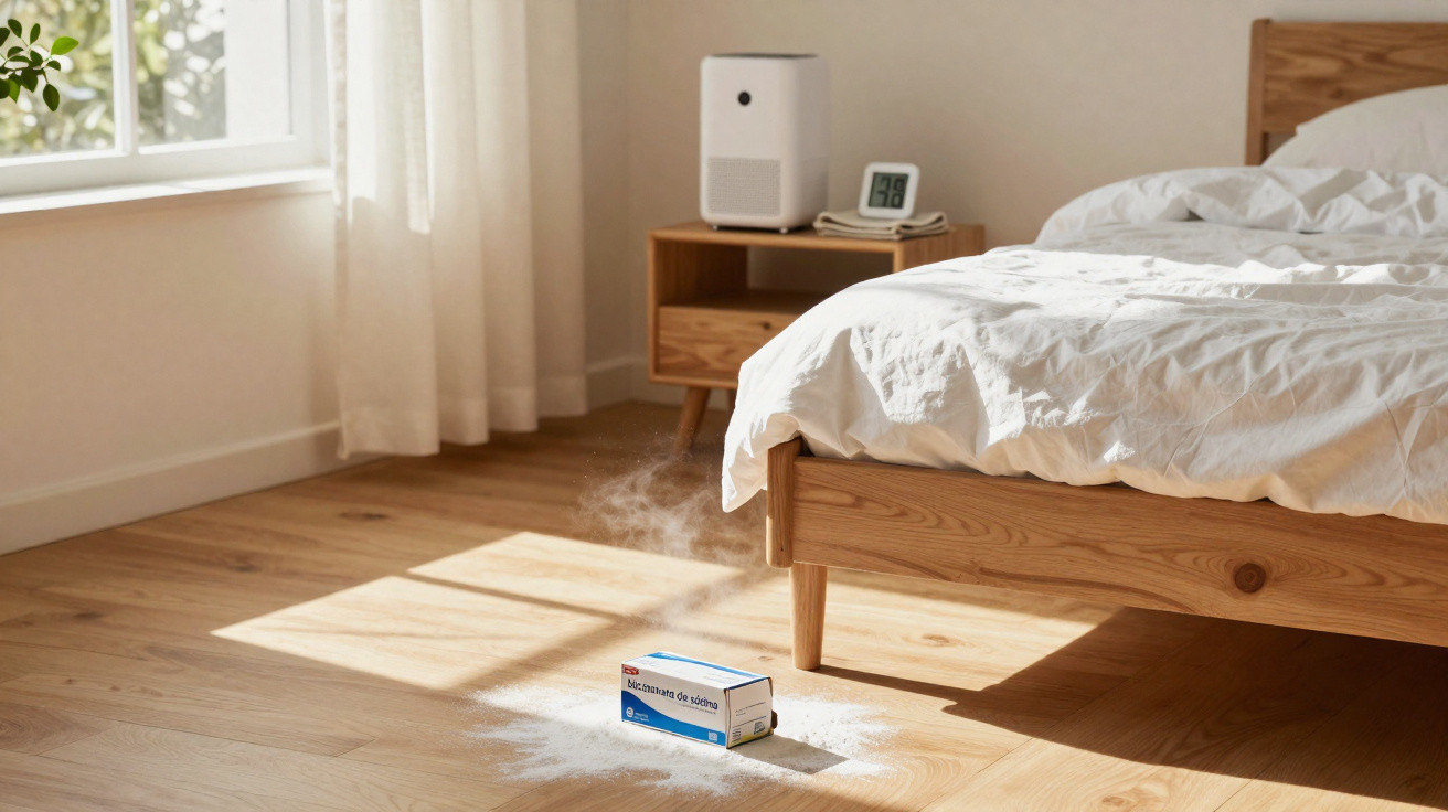 Box of humidifying gel emitting mist on wooden floor next to bed in bright bedroom with white curtains.
