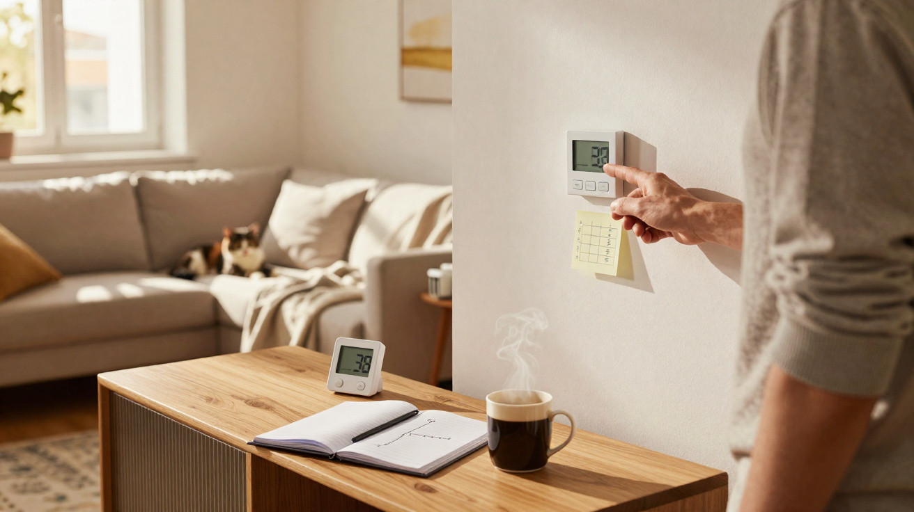 Person adjusting wall thermostat in cozy living room with steaming cup, notebook, and cat on sofa.