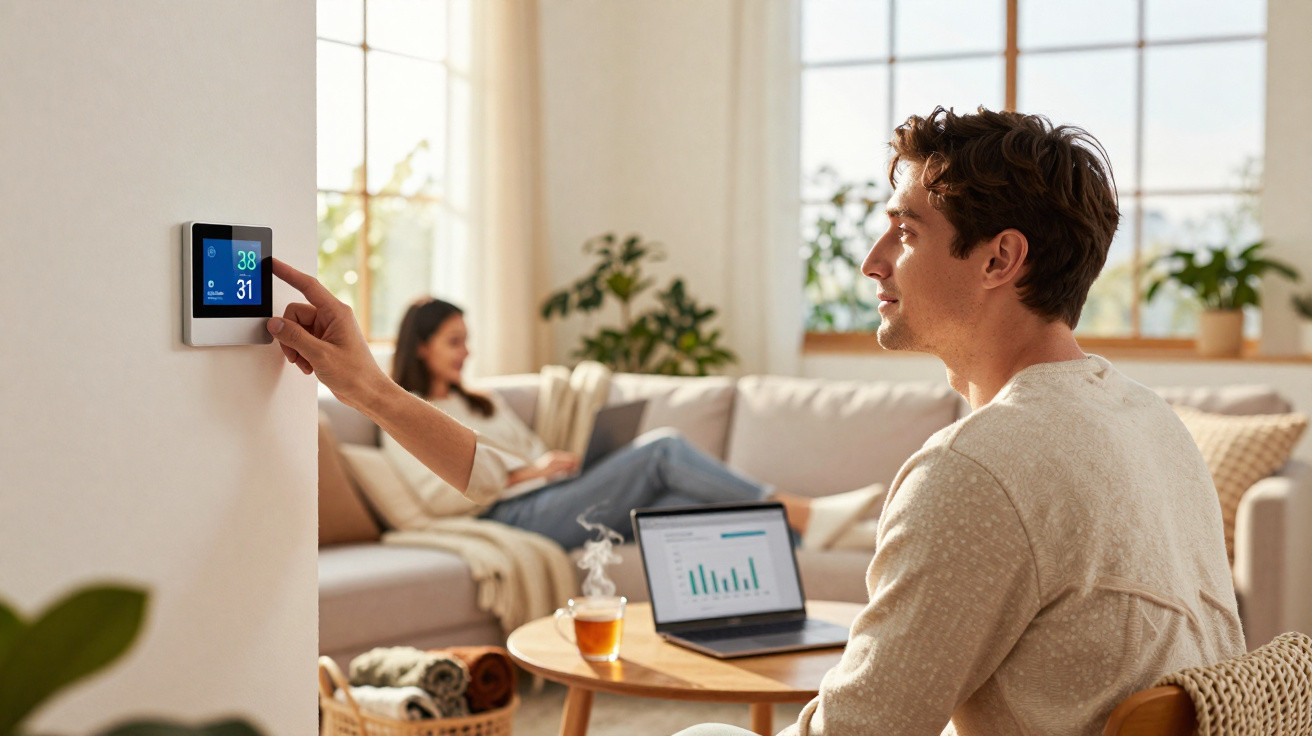 Man adjusting smart thermostat on wall while woman relaxes on sofa with laptop in bright living room