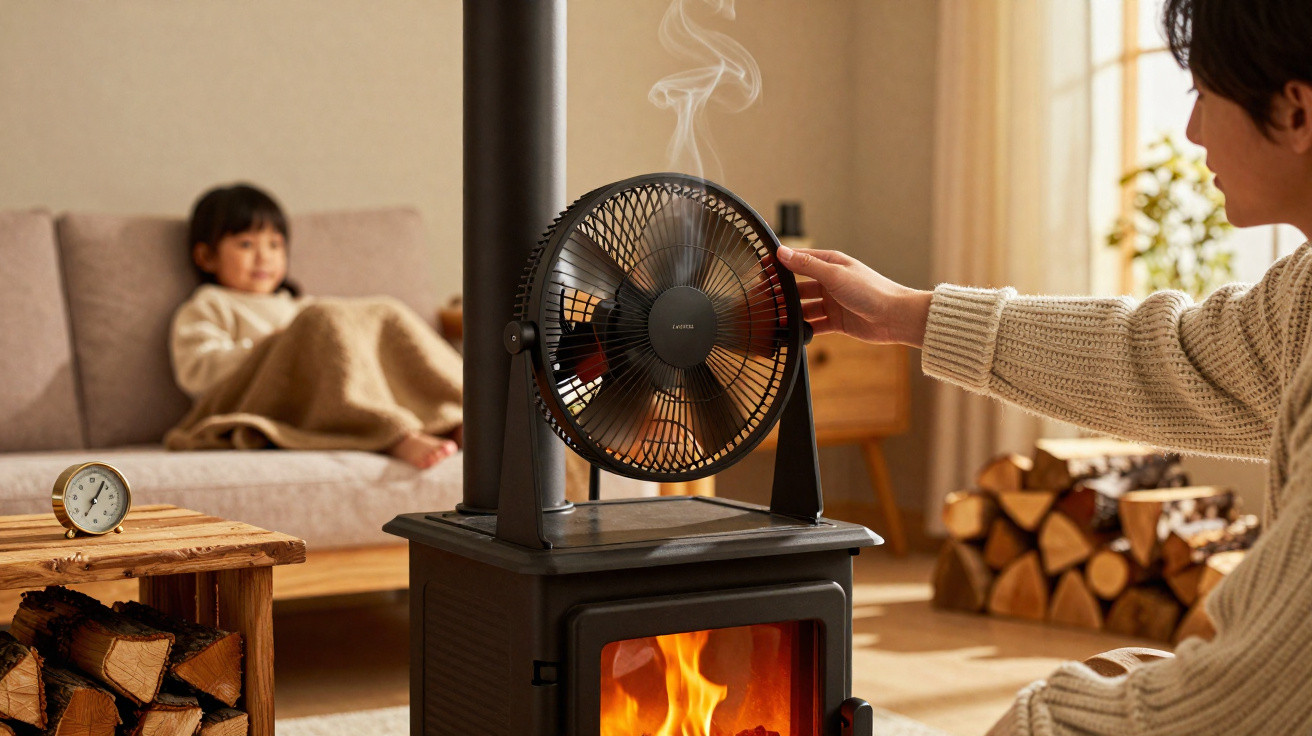 Person adjusting fan on wood-burning stove with child wrapped in blanket on sofa in cozy living room.