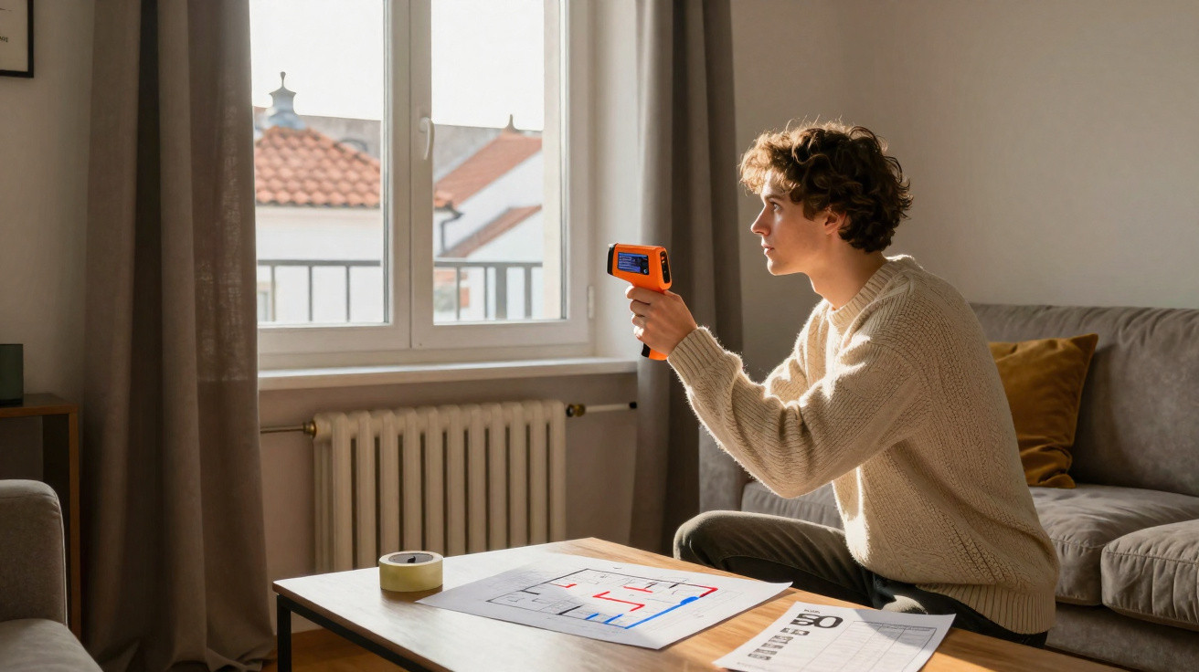 Young man sitting on sofa aiming thermal camera at window with house plans on table in front of him