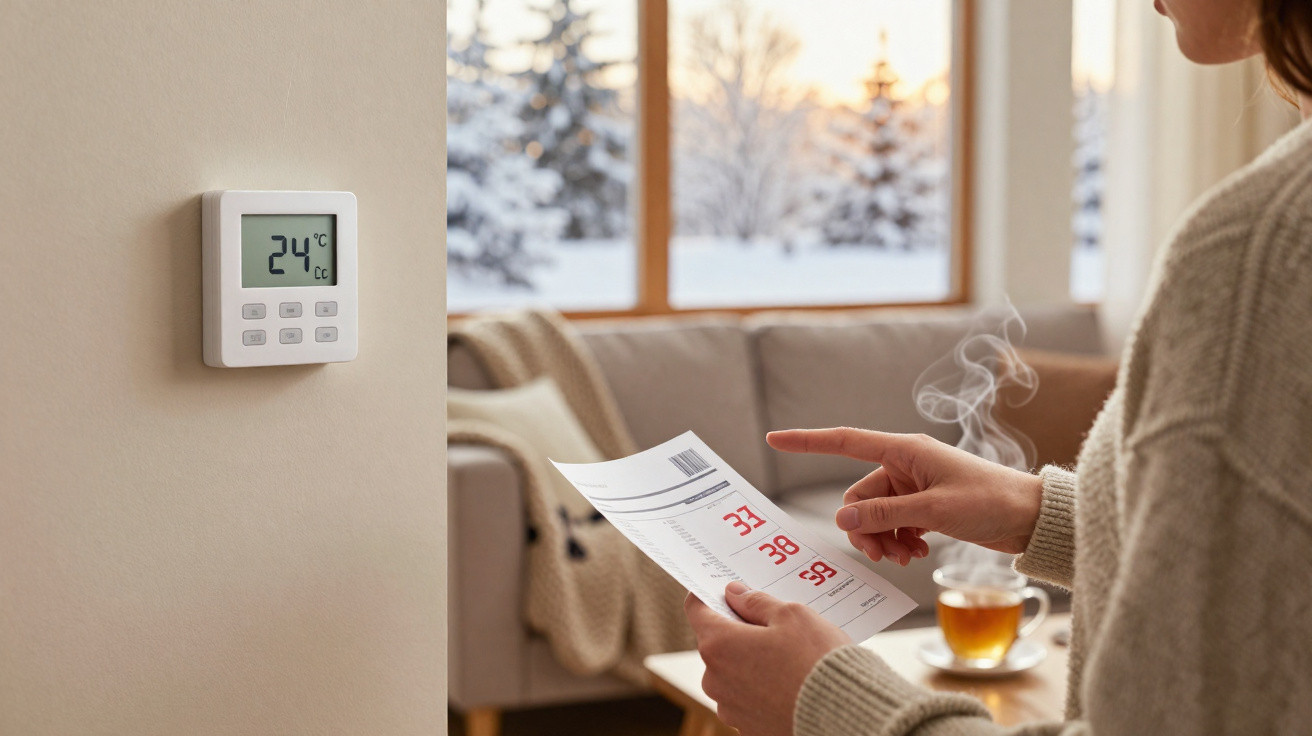 Person adjusting a thermostat set to 24°C, holding an energy bill in a cosy living room with a snowy window view.