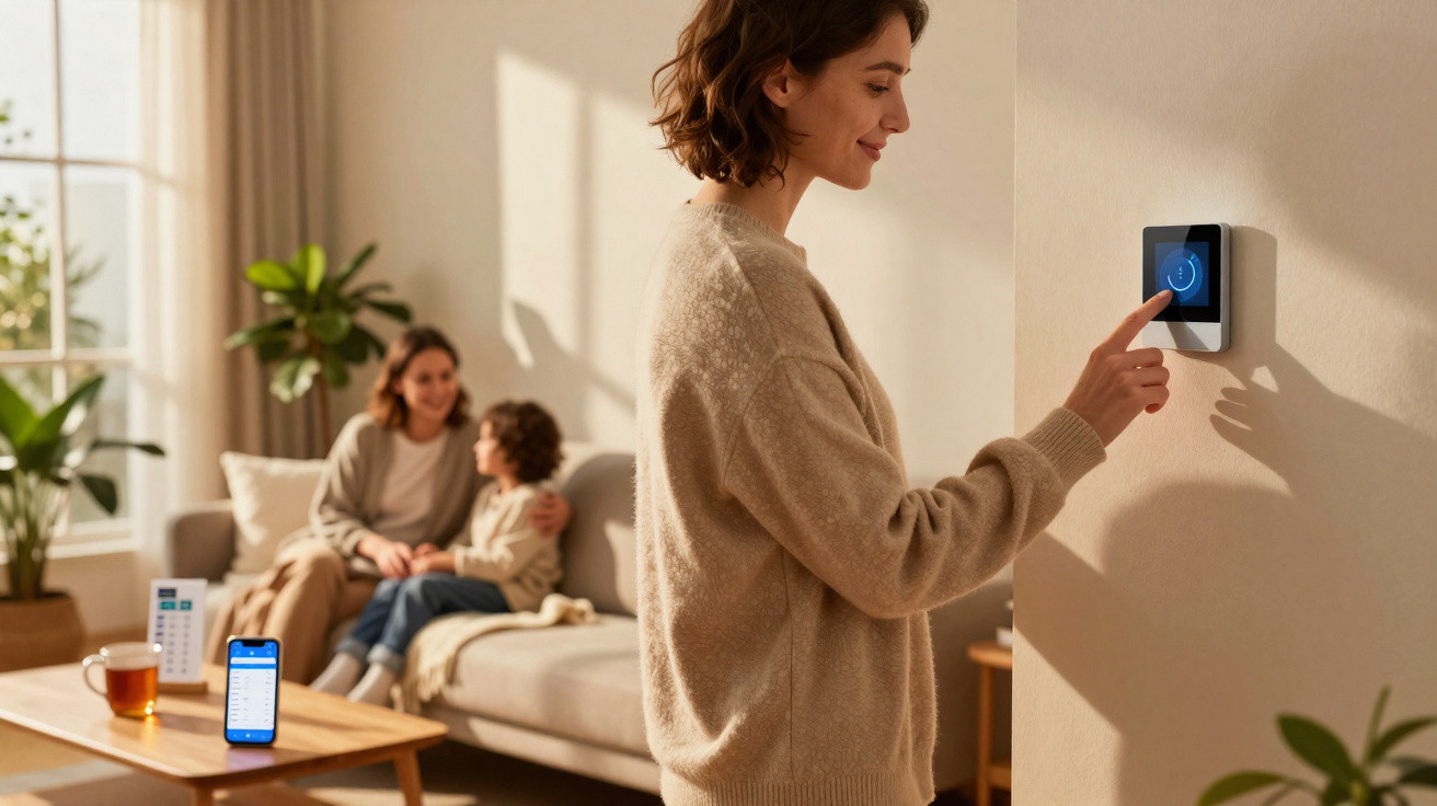 Woman adjusting smart thermostat on wall while a woman and child sit on sofa in cosy living room.