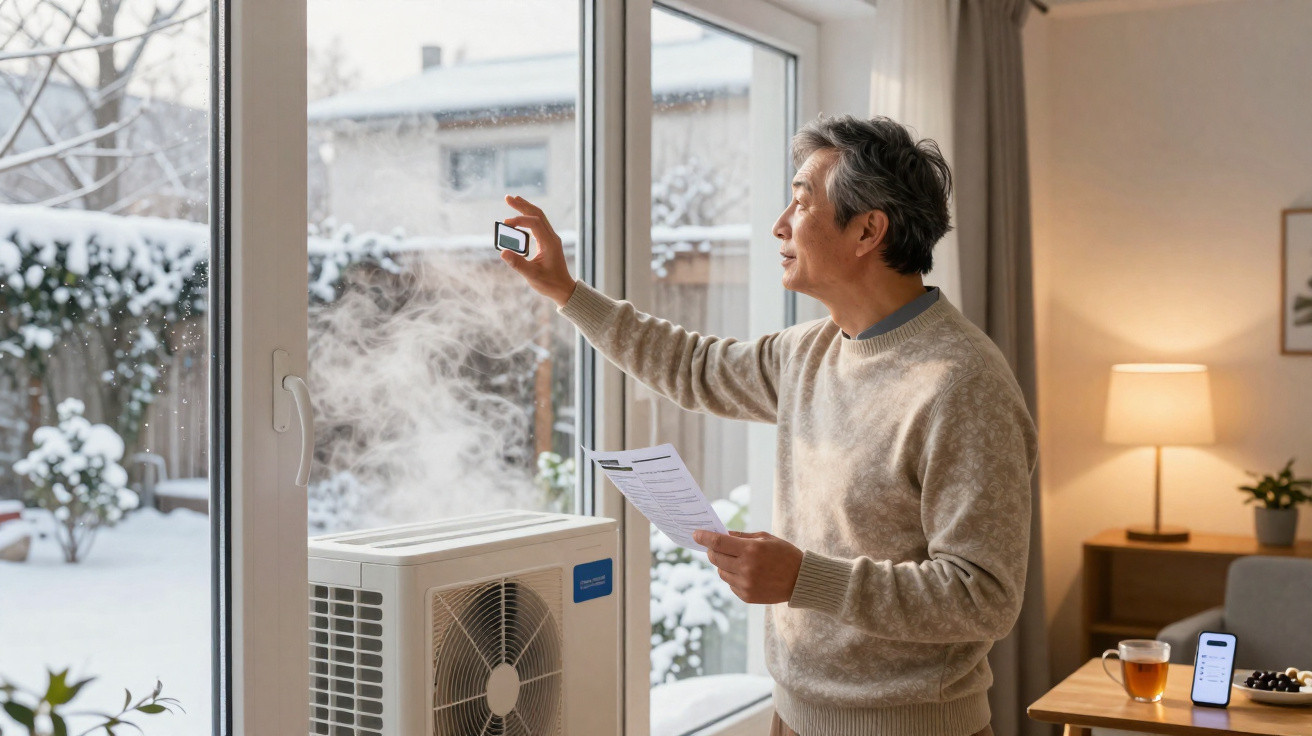 Man holding a remote and a paper, adjusting a heat pump inside a snowy home.