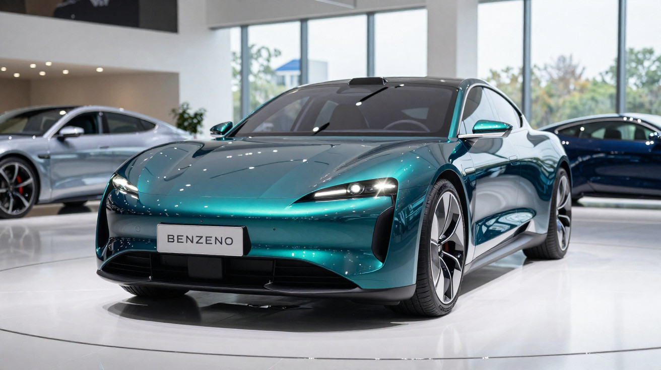 Shiny green Benzeno sports car with sleek design showcased in a modern showroom with large windows.