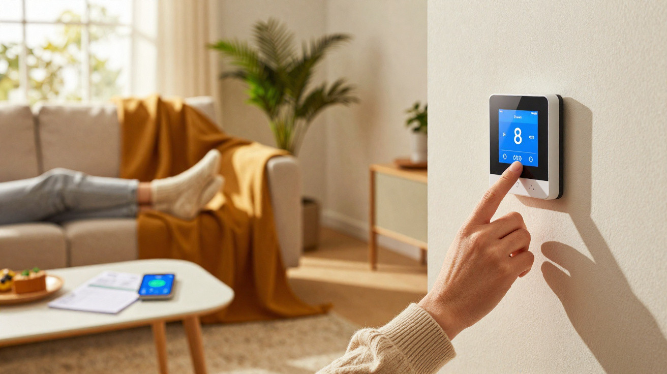 Hand adjusting a digital thermostat on a wall in a cosy living room with a sofa and plants.