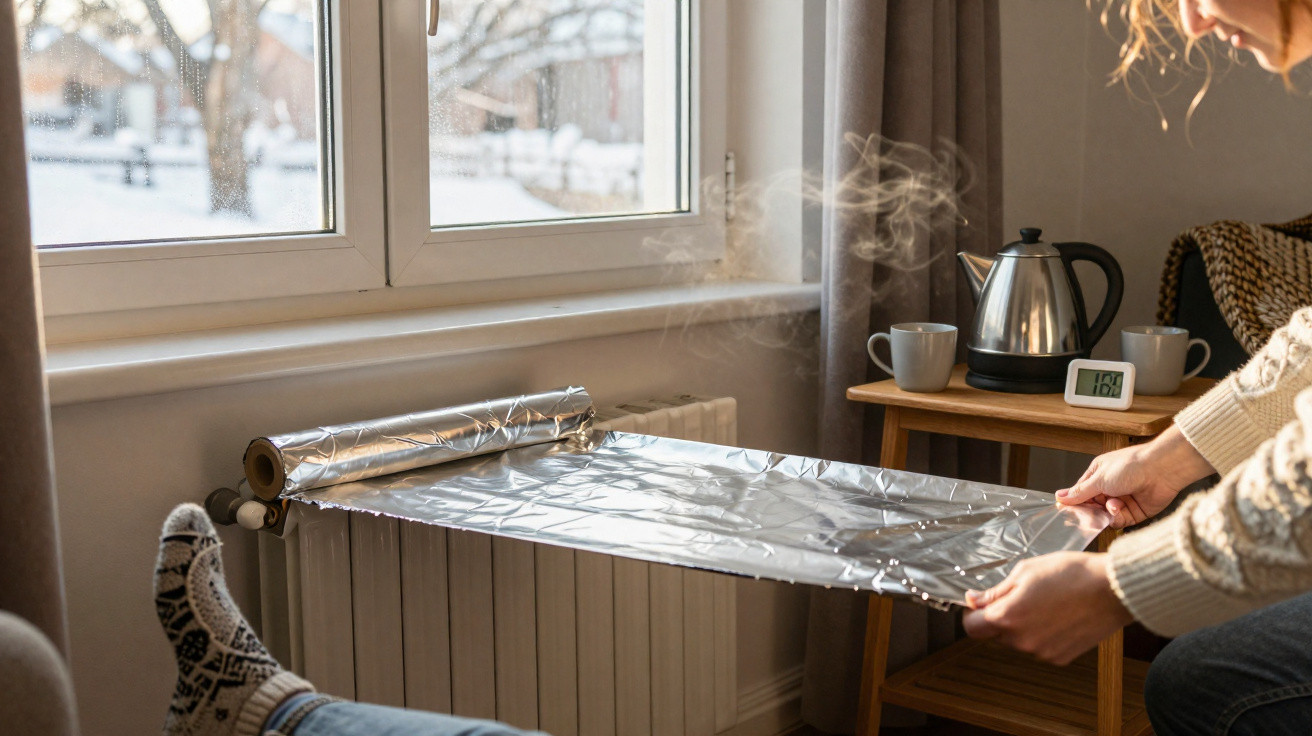 Person covering a cold radiator with reflective foil near a steaming kettle on a wooden table by the window.