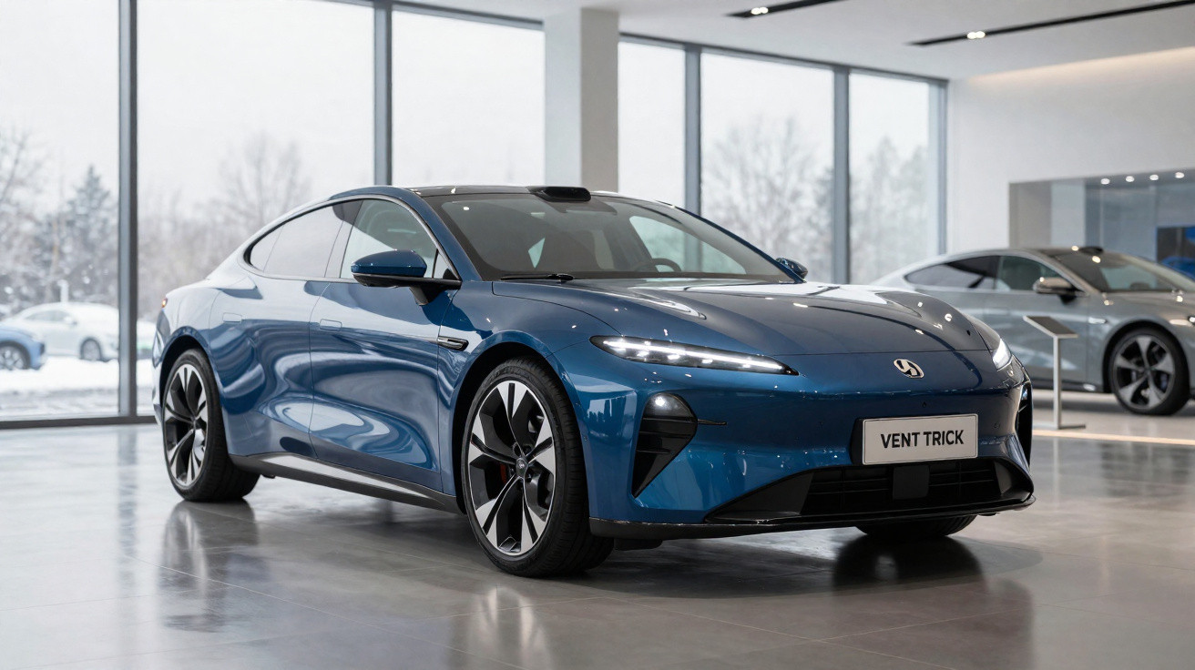 Sleek blue electric sports car displayed in a bright showroom with large windows and polished floors.