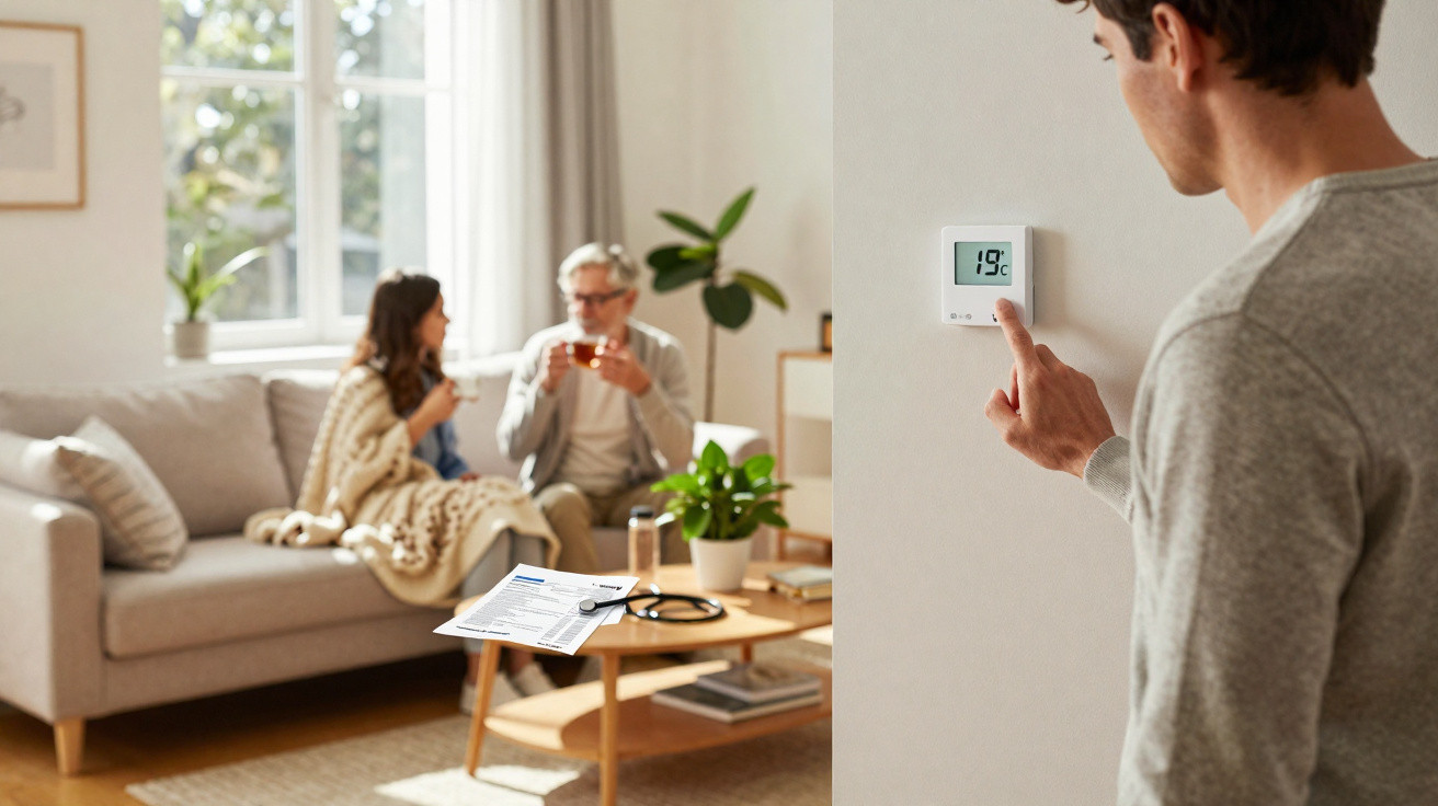 Man adjusting thermostat to 19°C in living room where two people are seated on a couch drinking tea.