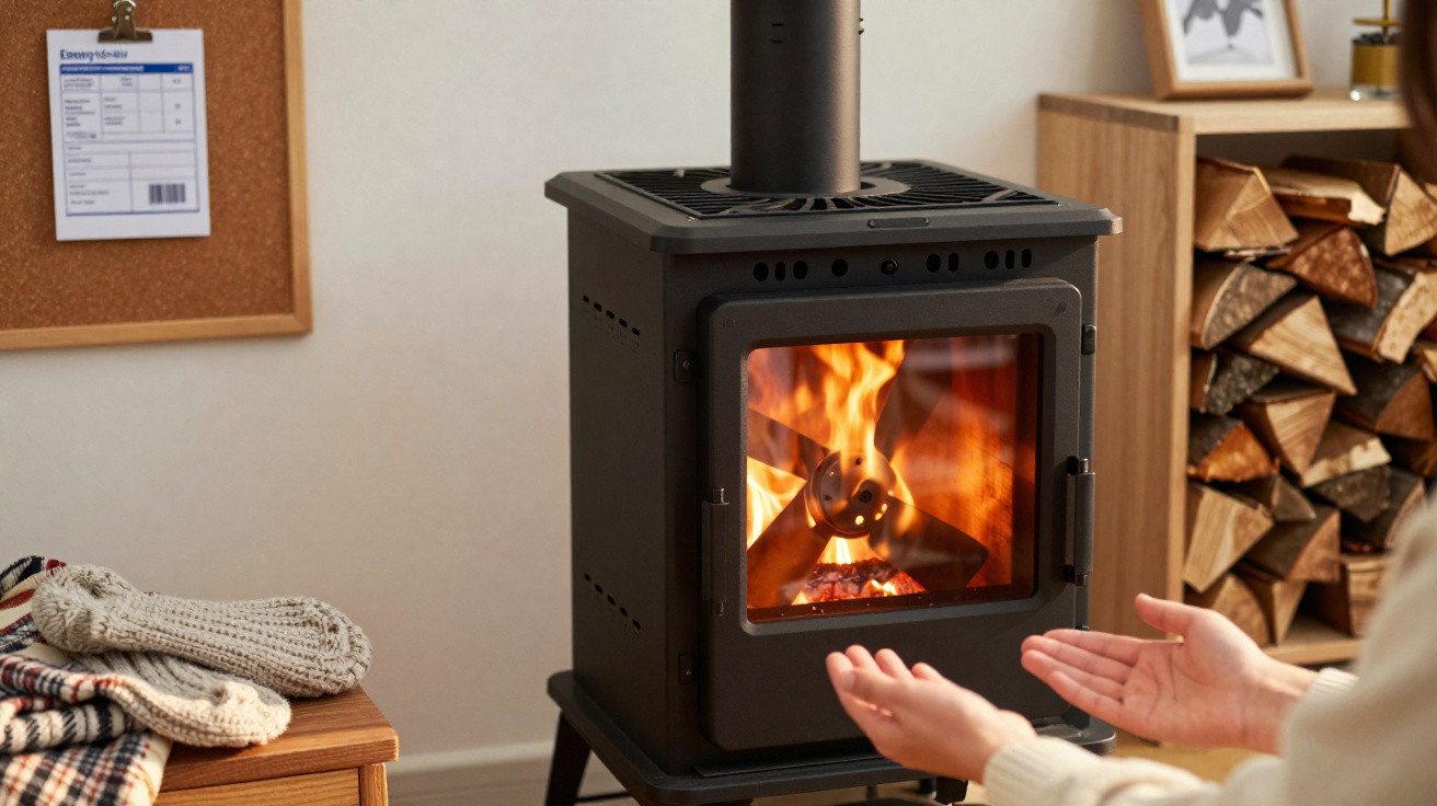 Person warming hands by a lit wood-burning stove in a cosy indoor setting with stacked firewood nearby.