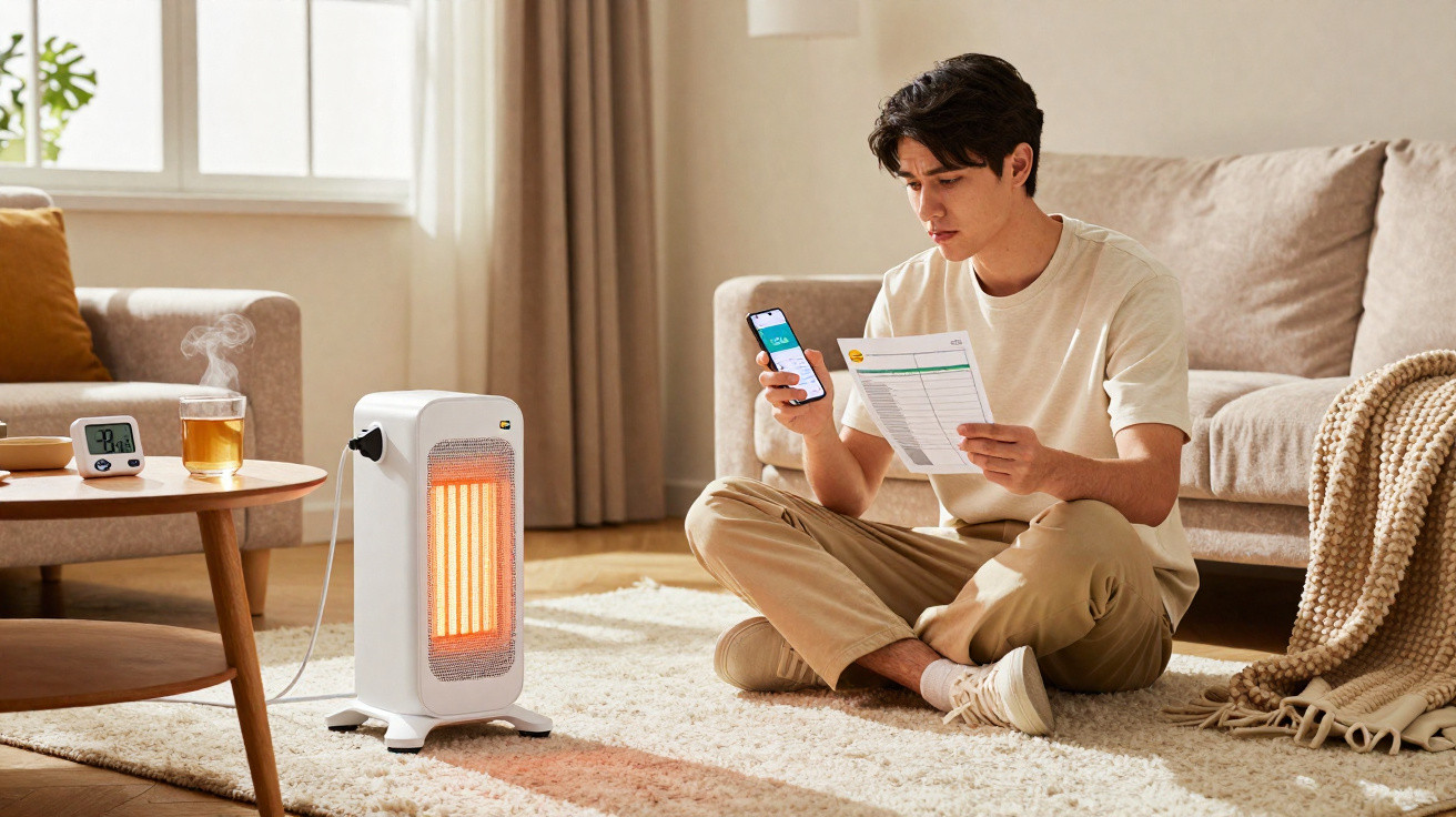 Young man sitting on carpet in living room, holding phone and paper near electric heater and steaming cup.