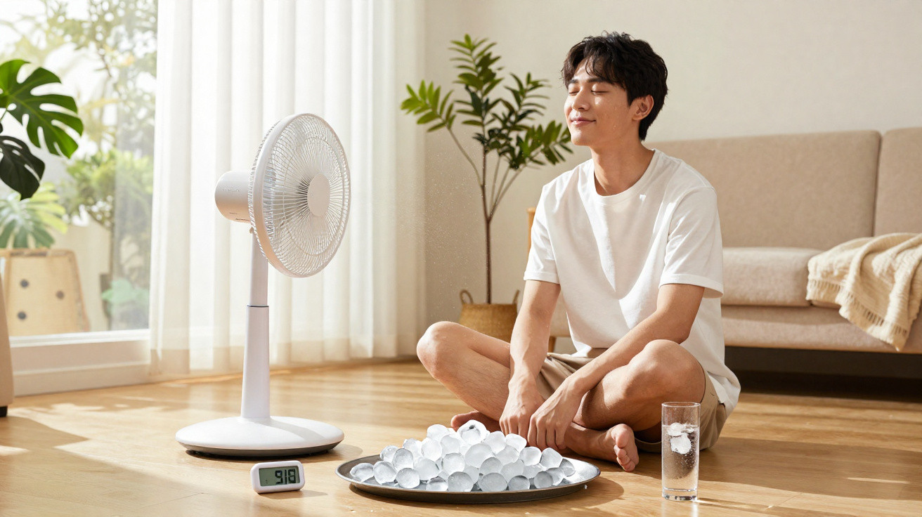 Young man sitting cross-legged on floor enjoying breeze from fan with ice and glass of water nearby in bright living room