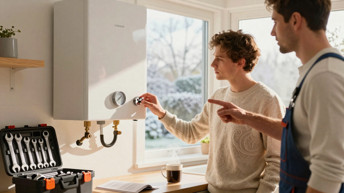 Two men adjusting a wall-mounted boiler in a bright room with a toolbox and coffee nearby.