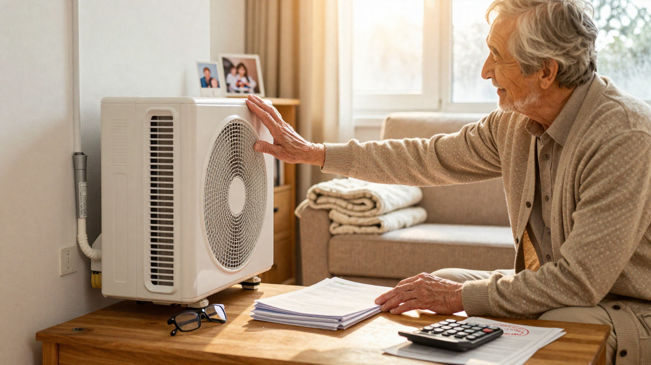Elderly man adjusting a white air purifier on a wooden table with papers and a calculator nearby in a cosy living room.