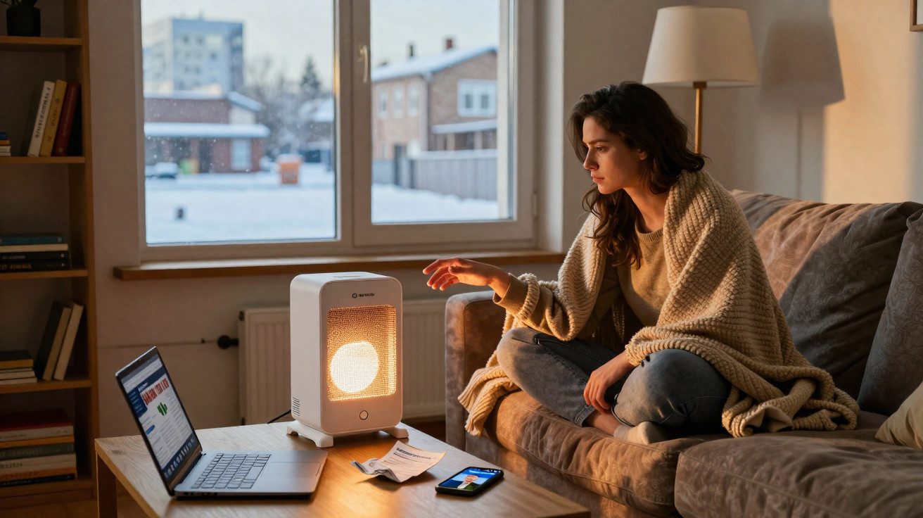 Woman wrapped in a blanket warming her hand by a heater in a cozy living room on a snowy day.