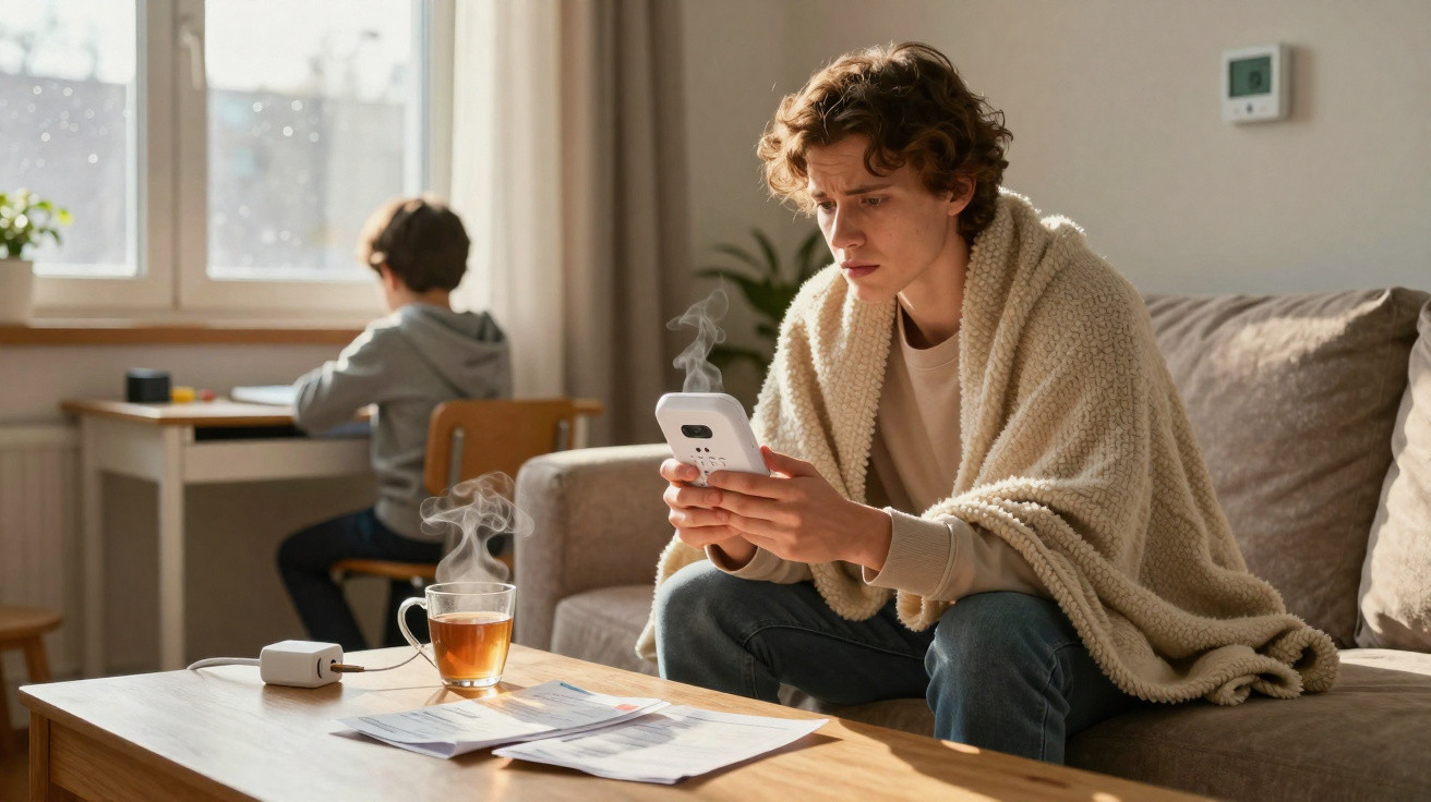 Young man wrapped in blanket checking phone with bills on table, child studying in background by window.