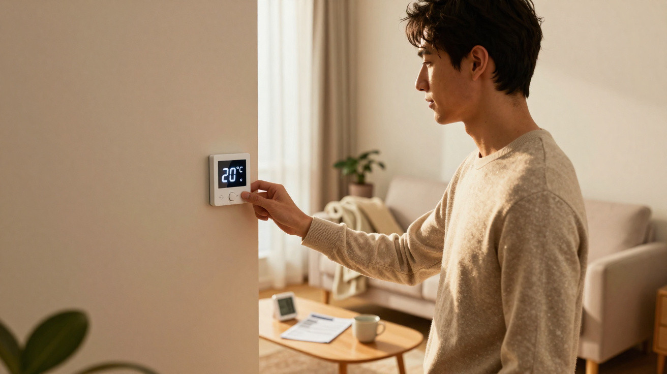 Man adjusting a digital thermostat set to 20°C in a cosy living room with natural light.