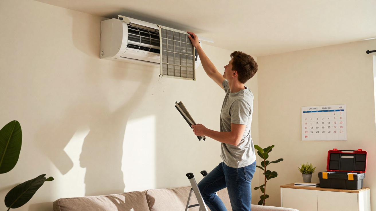 Young man on ladder cleaning an air conditioning unit filter in a living room.