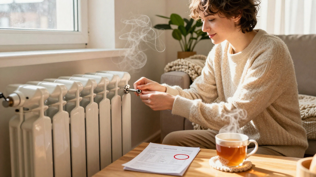 Person adjusting a radiator valve in a cosy room with a steaming cup of tea on the table nearby.
