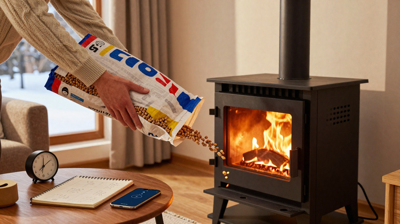 Person pouring wood pellets into a burning black pellet stove inside a cosy living room.