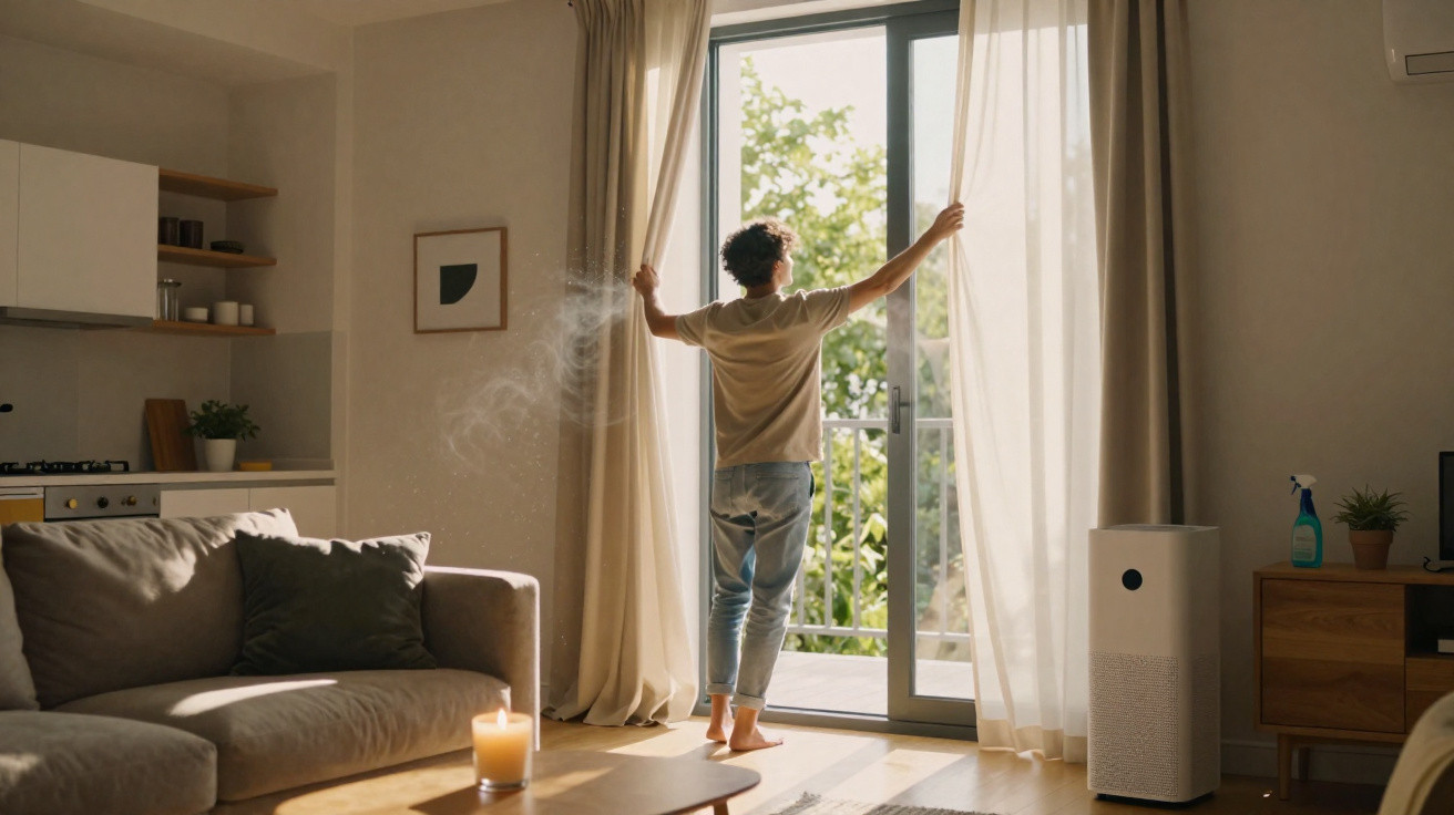 Person opening curtains in a sunlit living room with modern furniture and plants.