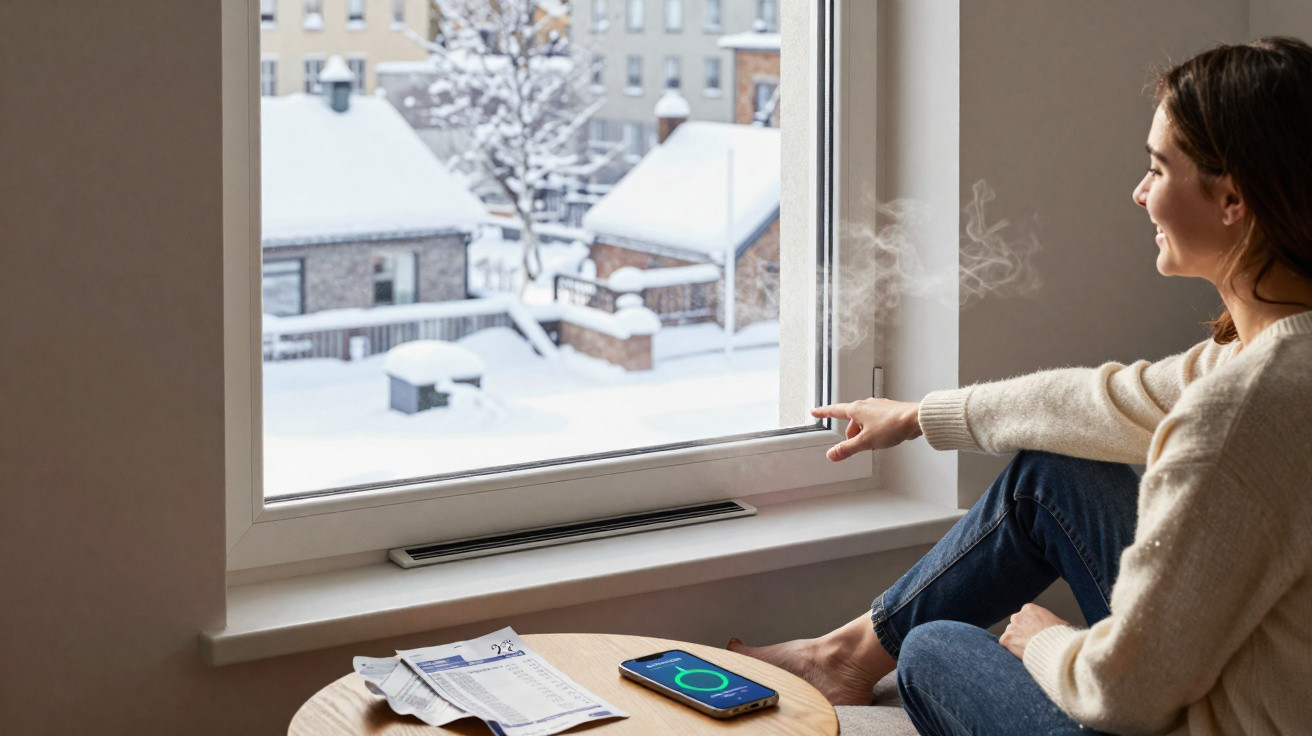 Woman in cosy jumper sitting by window watching snowy neighbourhood with steaming hot drink on cold day.