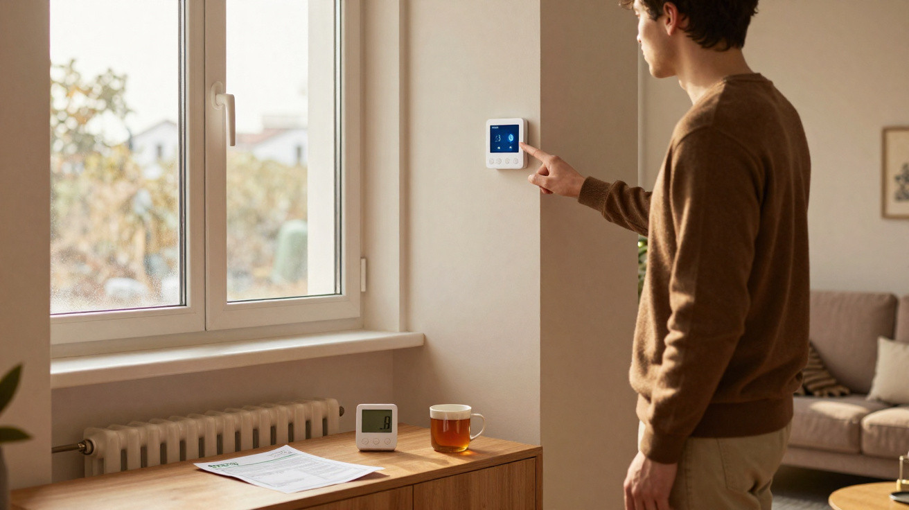 Man adjusting a digital thermostat on a wall in a cosy living room by a window.