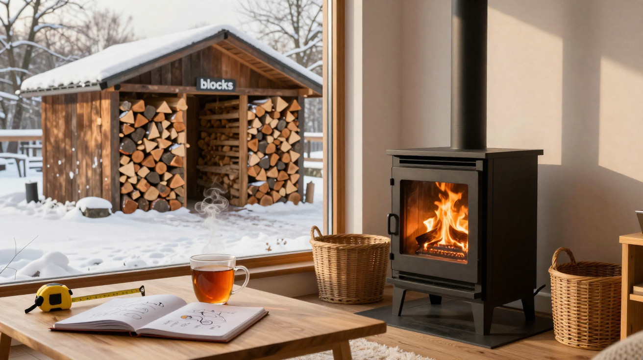 Cozy room with a wood-burning stove, wicker baskets, a steaming cup of tea, and a view of a snowy firewood shed.
