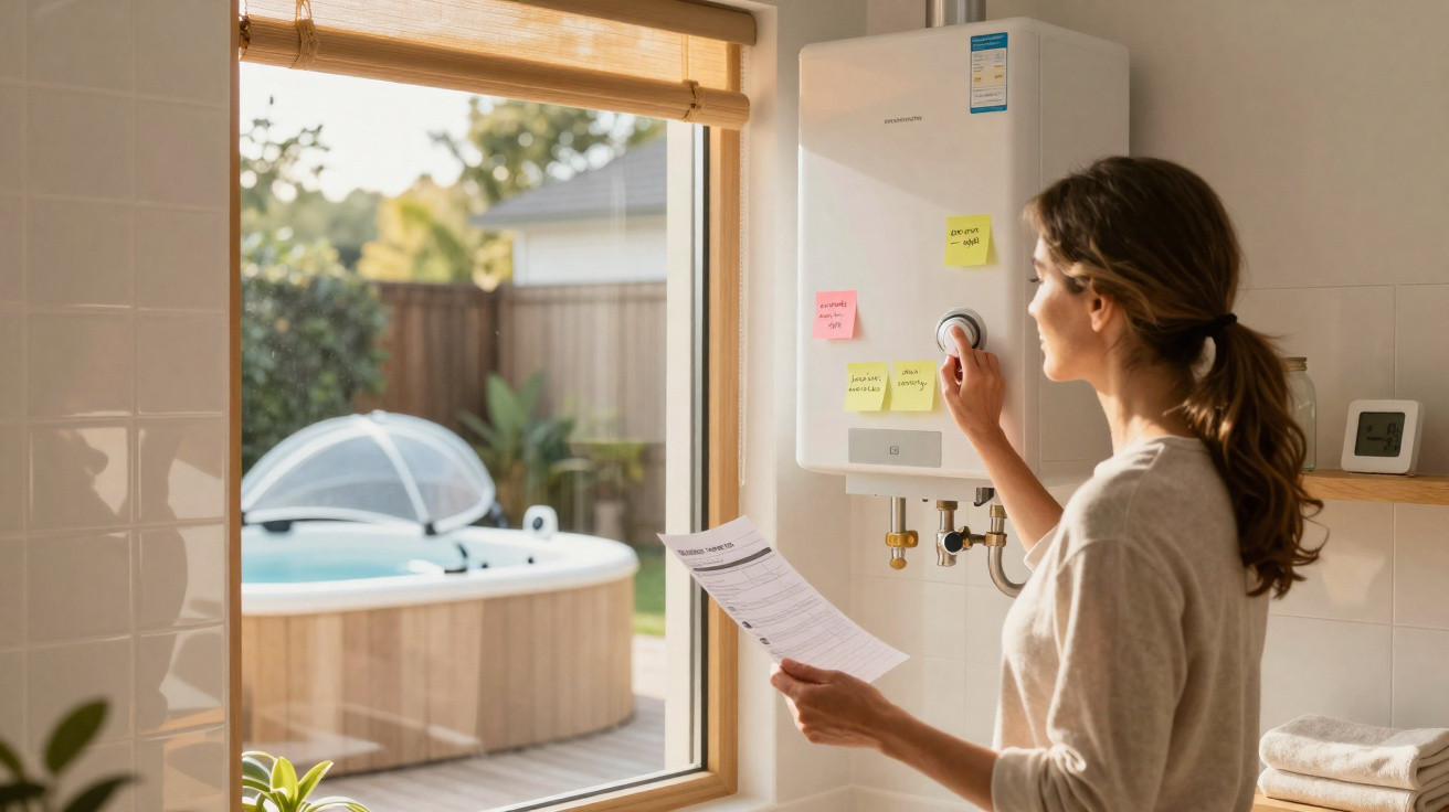 Woman adjusting a wall-mounted boiler temperature control while holding an instruction manual near a window.