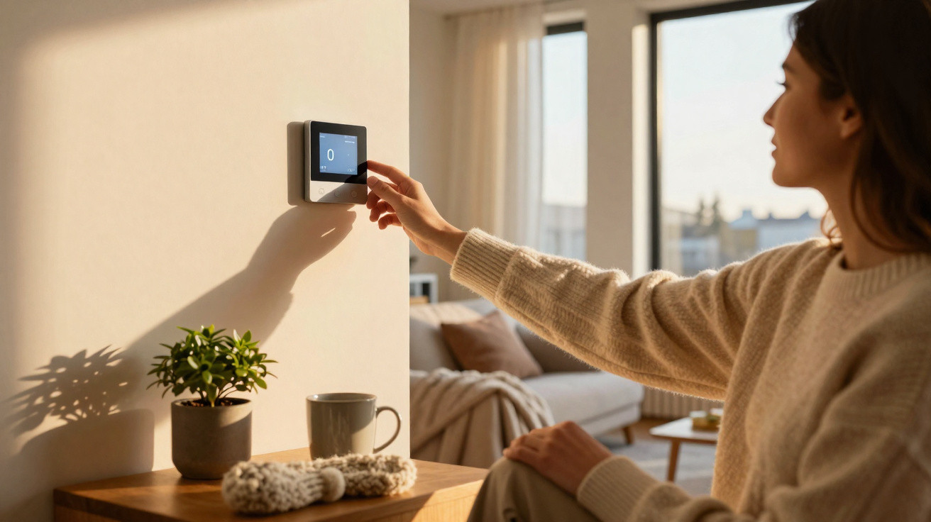 Woman adjusting a digital thermostat on a wall in a sunlit living room with a plant and mug nearby.