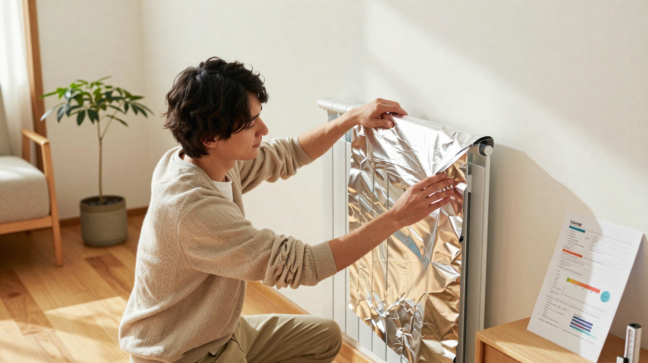 Person in a beige sweater applying reflective foil insulation to a white radiator in a sunlit room.