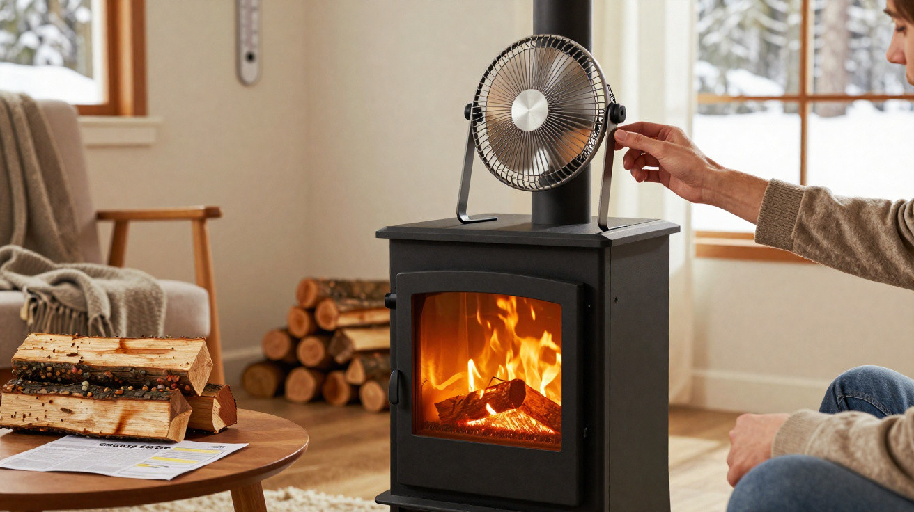 Hand adjusting fan on wood-burning stove with fire, logs stacked nearby in cosy living room.