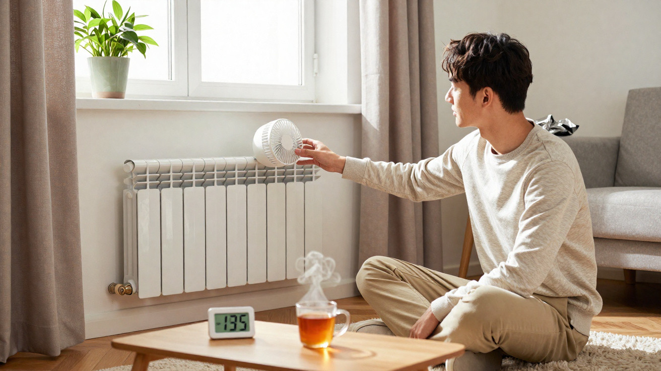 Man adjusting a small fan on a radiator in a bright living room with a plant, digital clock and steaming tea.