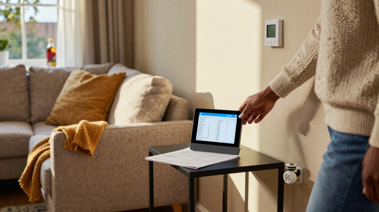 Person adjusting a wall thermostat near a small table with a tablet and papers in a cosy living room.