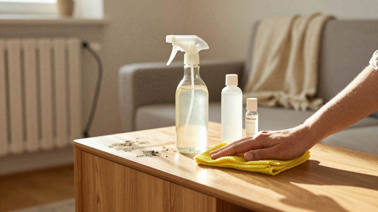 Hand cleaning wooden surface with yellow cloth next to spray bottle and cleaning liquids on table in living room.