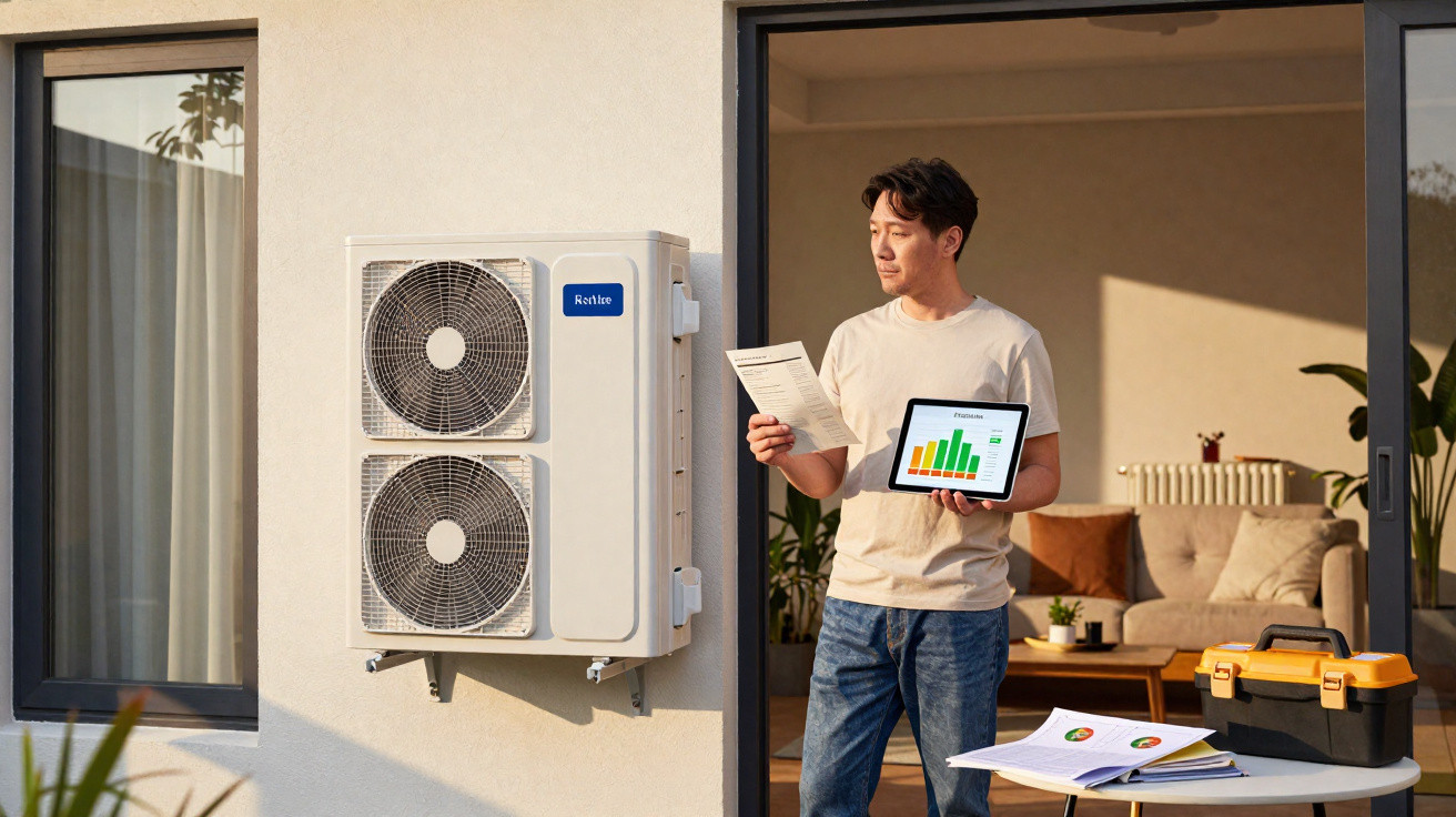 Man analysing air conditioning unit performance using tablet and papers outside a home.